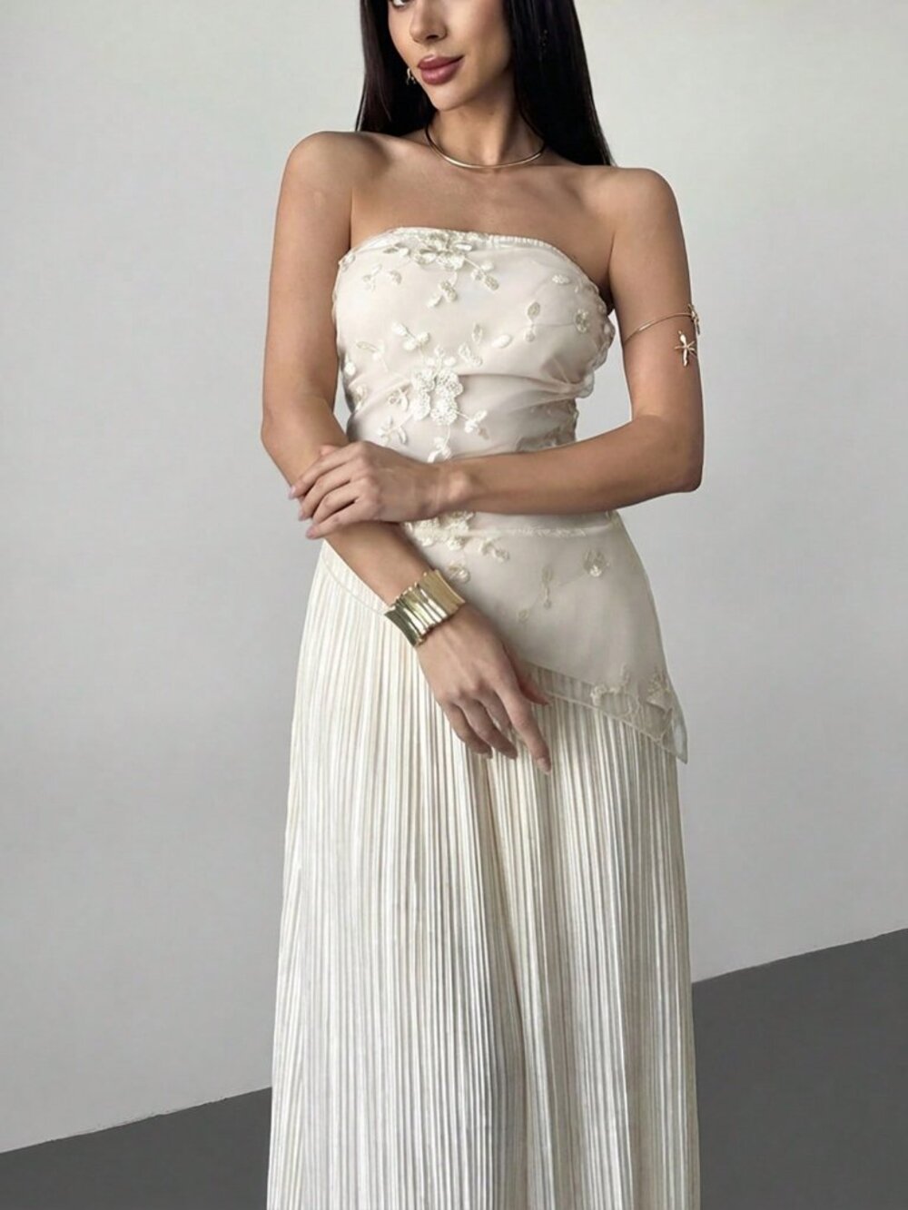 Apricot Elegant Women's Embroidered Fabric Asymmetric Pleated A-Line Dress - Picture 5 of 8